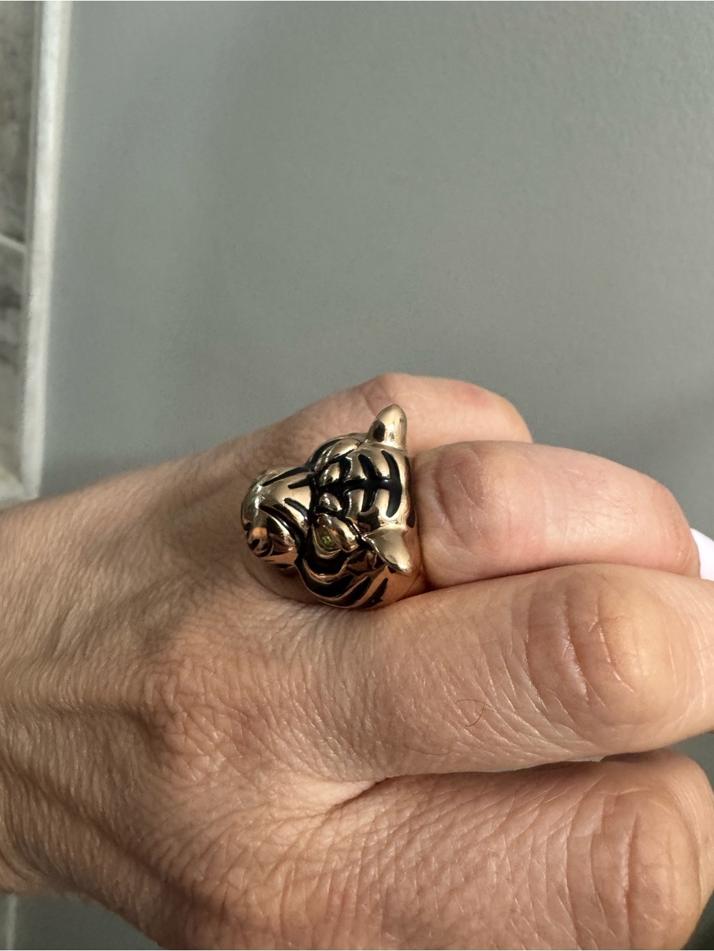 Gold Tiger Head Statement Ring with Green Eye Accents - Picture 2 of 5